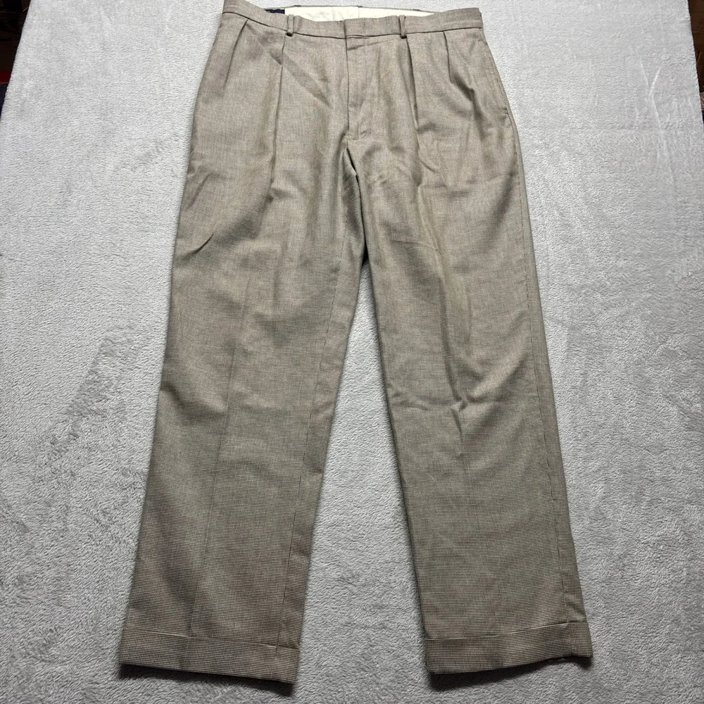 VTG Polo Ralph Lauren Pants Mens 36x32 Brown Micro Houndstooth Pleated Cuffed VG